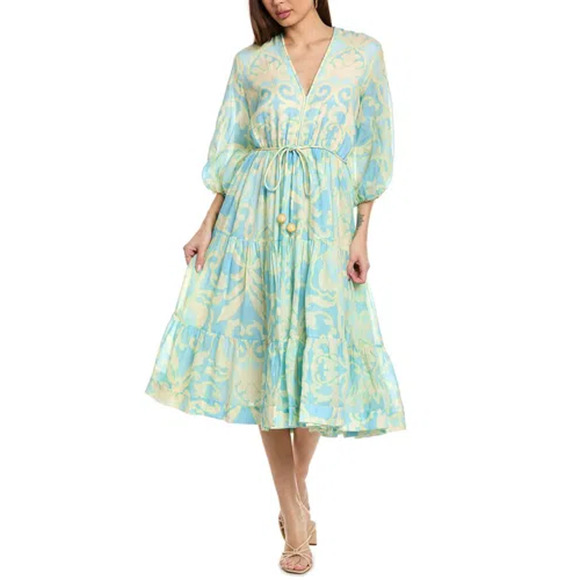 Alexis Vilas 3/4 Sleeve V-Neck Tiered A-Line Midi Dress Blue Vine Print  Women